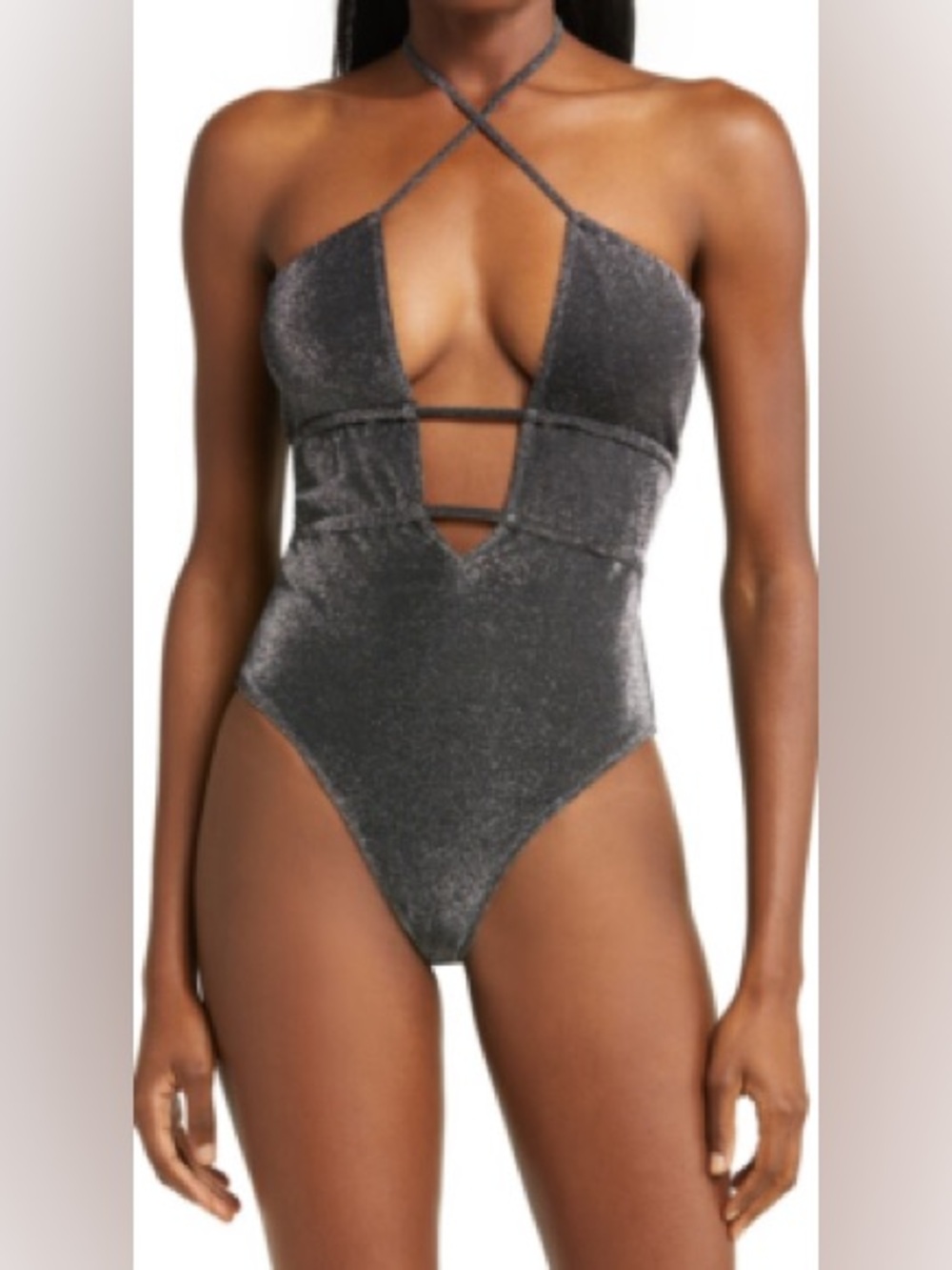 $238 Ramy Brook Marta plunge front one piece Swimsuit Medium Black Shimmer boho